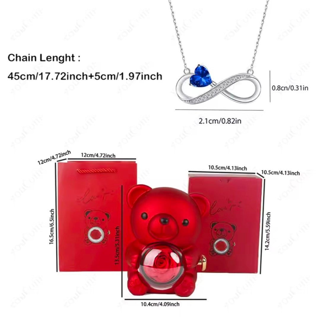 Red Heart Zircon Pendant Necklaces With Cute Bear Rose Gift Box For Women