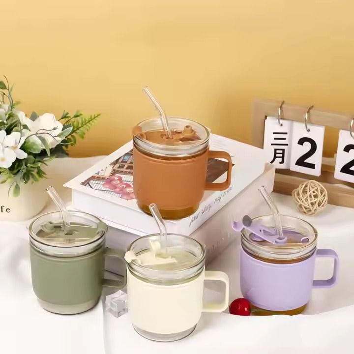 350 ml Glass Sipper Cup With Handle Lip & Straw Leak Proof