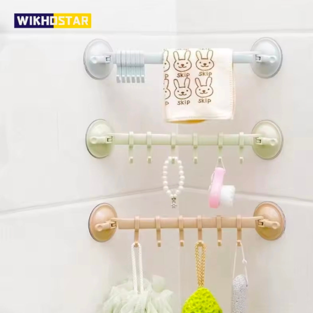 WIKHOSTAR 6 Hooks Towel Rack Suction Cup Hooks Bathroom Organizer Wall-mounted Storage Shelf Kitchen Towel Hanger Rack