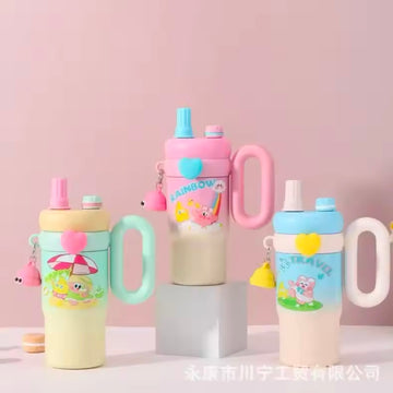 New Cute Cartoon Pattern Large Capacity Stainless Steel Insulated Mug Portable Car Vehicle Cup with Handle Thermal Flask