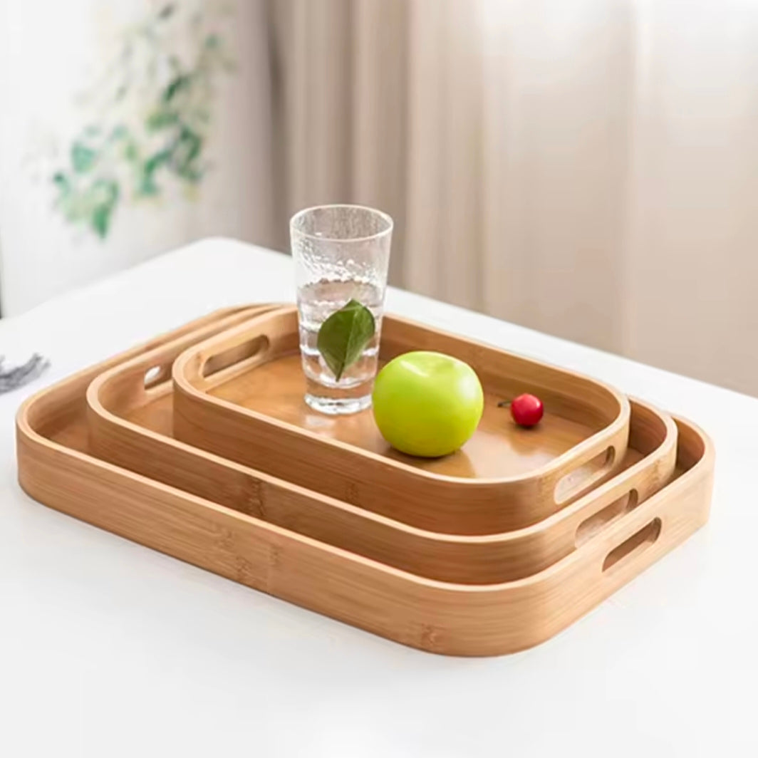 Multipurpose Round Rectangular Bamboo Wooden Serving Tray Household Tea Coffee Trays Kitchen Storage Tray for Breakfast Food