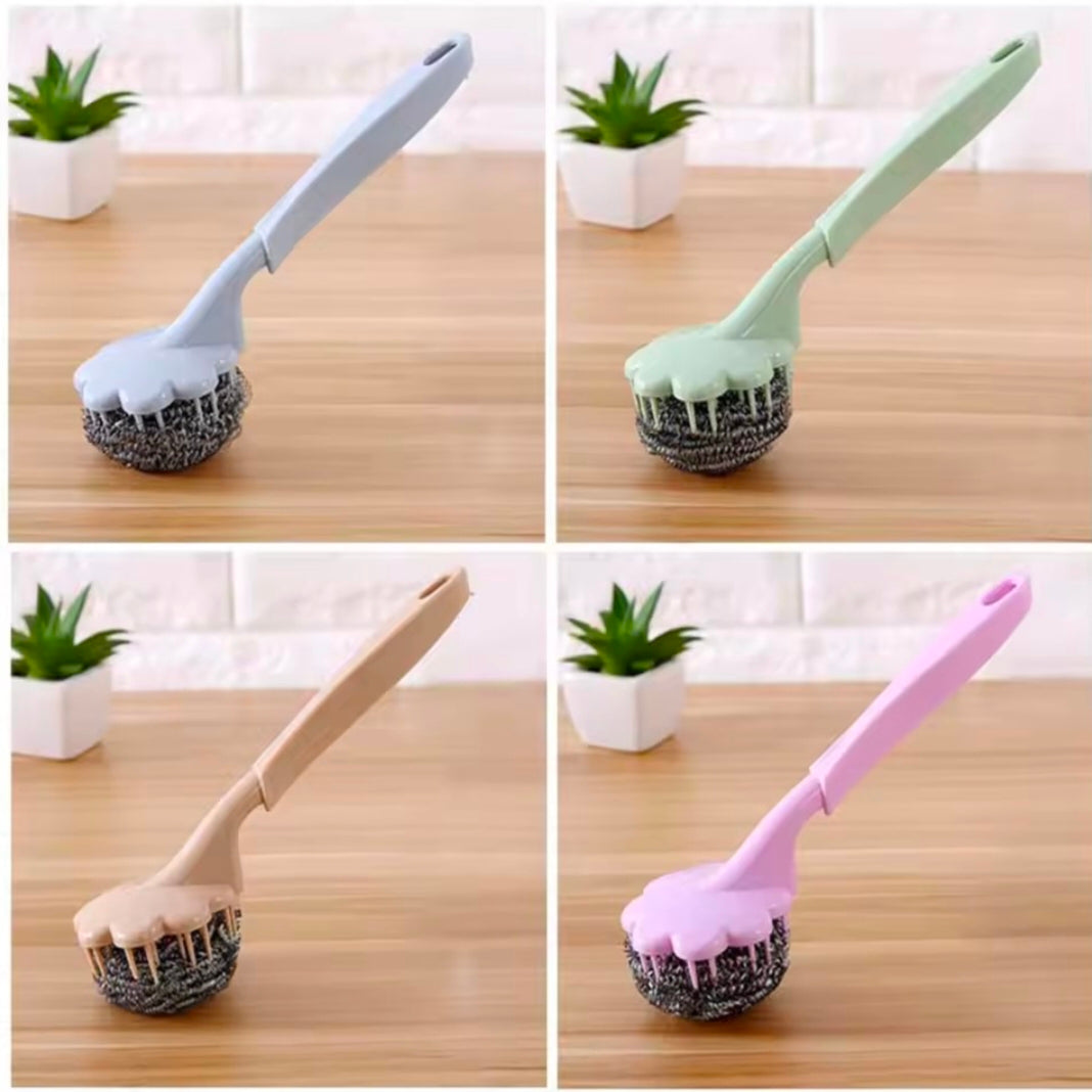 Flower Shape Steel Wire Ball Brush Long Handle Metal Scouring Pad Kitchen Bathroom Pan Pot Cleaning Coffee