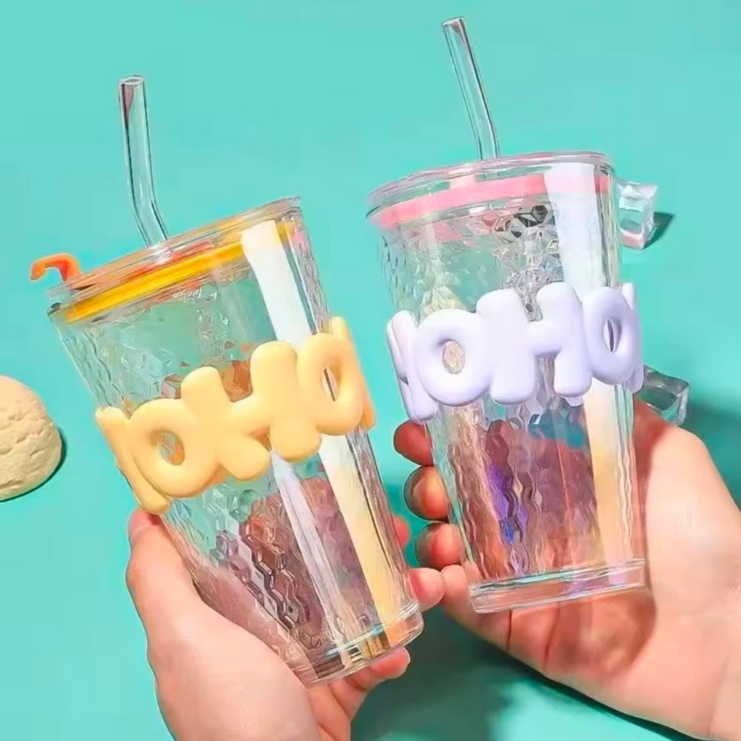 Kawaii Water Bottle For Coffee Juice Tea Cute Tumbler Glass Cup With Straw Lid Portable Reusable Drinking Bottle Straw Water Cup