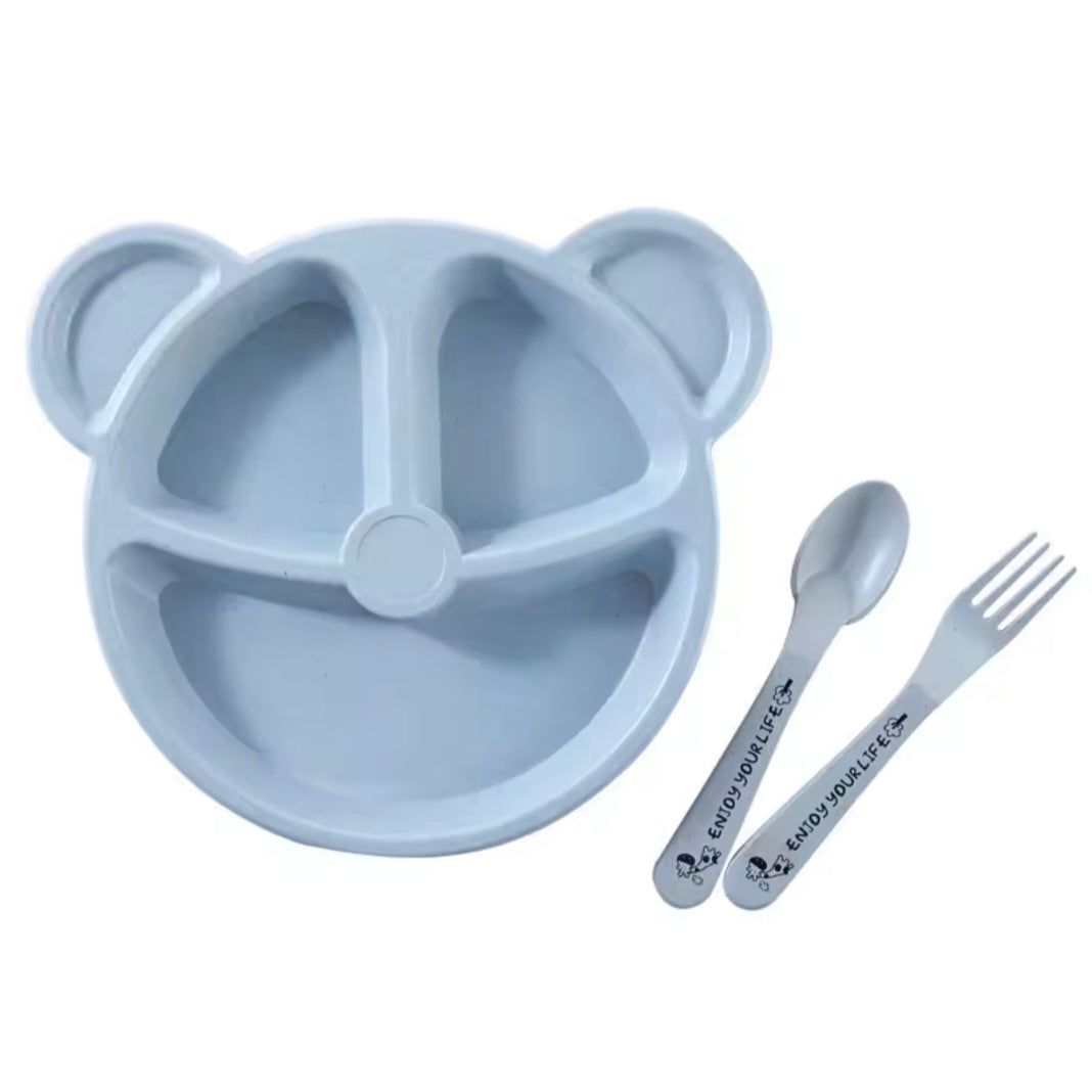 Cute bear compartment dinner plate, environmentally friendly wheat straw material, safe and anti-fall, with spoon and fork