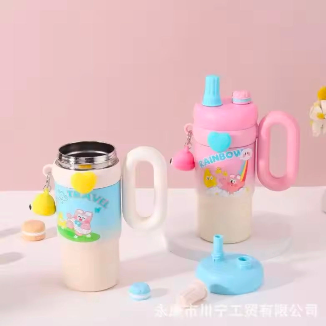 New Cute Cartoon Pattern Large Capacity Stainless Steel Insulated Mug Portable Car Vehicle Cup with Handle Thermal Flask