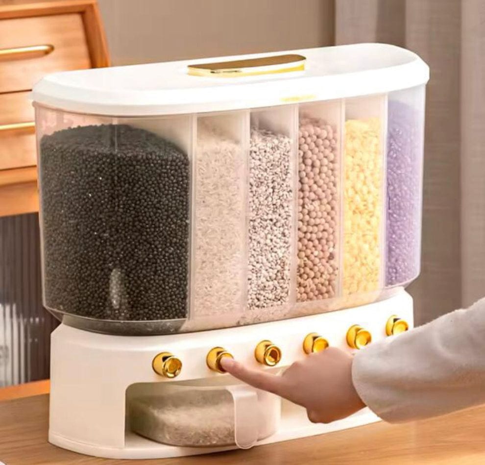 Sealed Rice Storage Box 10L 6 Grid Cereal Grain Container Dry Food Dispenser Grain Storage Jar Bucket Home Kitchen Storage Tools