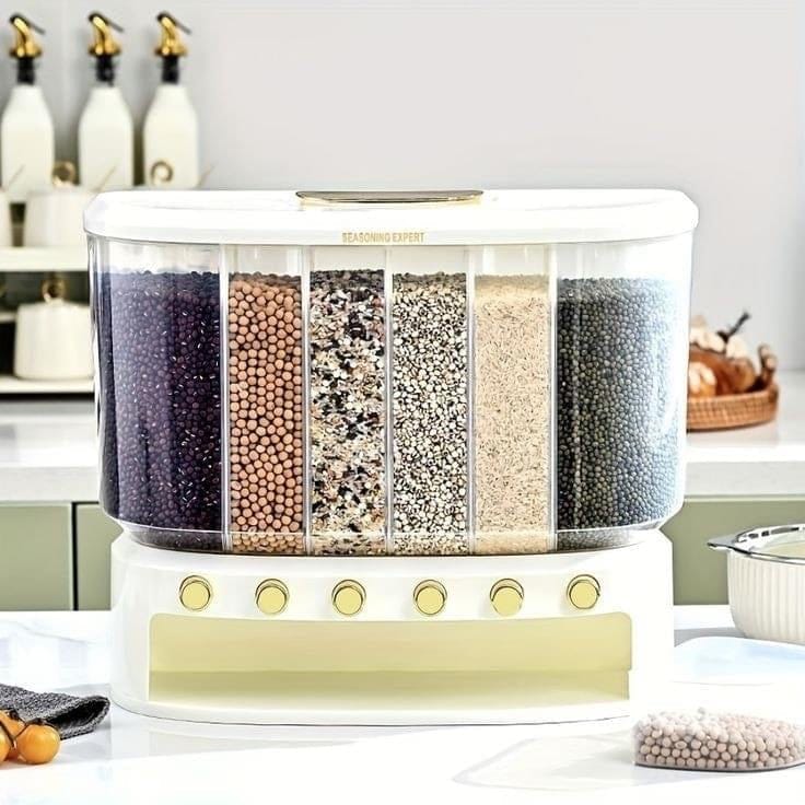 Sealed Rice Storage Box 10L 6 Grid Cereal Grain Container Dry Food Dispenser Grain Storage Jar Bucket Home Kitchen Storage Tools