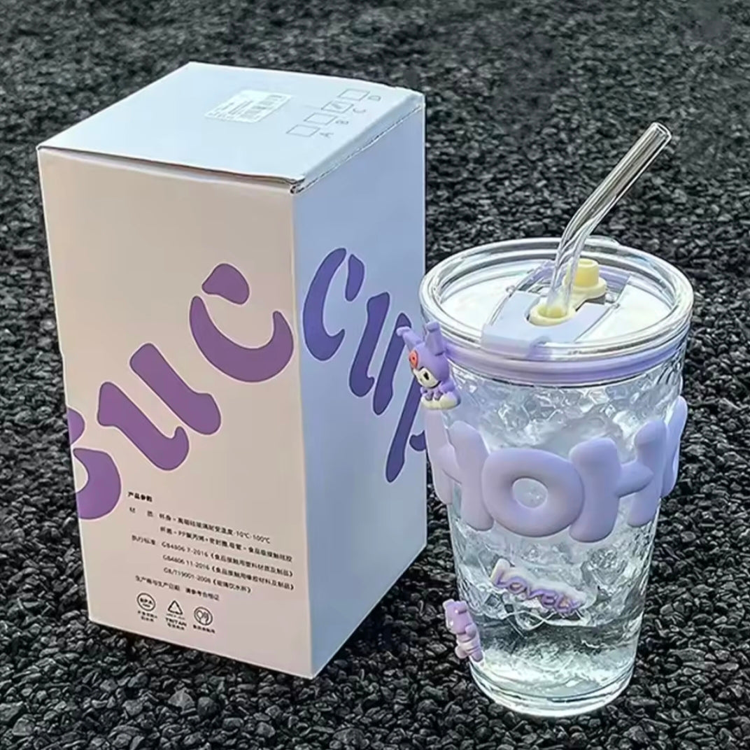 Kawaii Water Bottle For Coffee Juice Tea Cute Tumbler Glass Cup With Straw Lid Portable Reusable Drinking Bottle Straw Water Cup