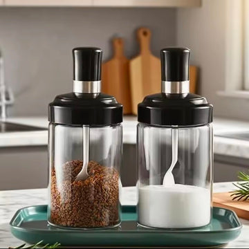 Kitchen Salt Pepper Bottle Glass Seasoning Bottle With Spoon Bush Sugar Salt Dispenser Seasoning Jar Cooking Shaker Container