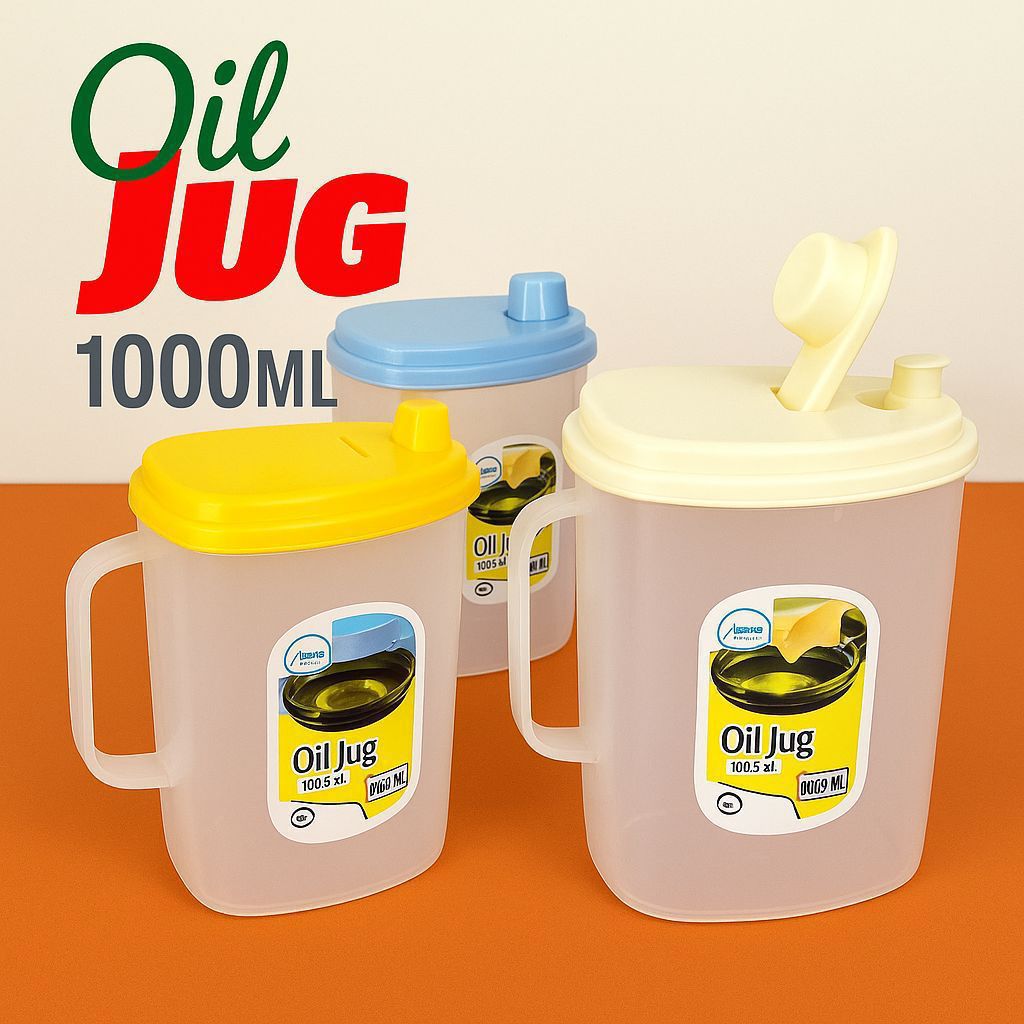 Oil Jug Plastic (1 Litre) - oil container with measuring scale - liquid container for oil, water, vinegar, sauces, honey, condensed milk, juices, milk, etc. with Lid & Handle - plastic jug - leak proof design with flexible lid- kitchen accessories