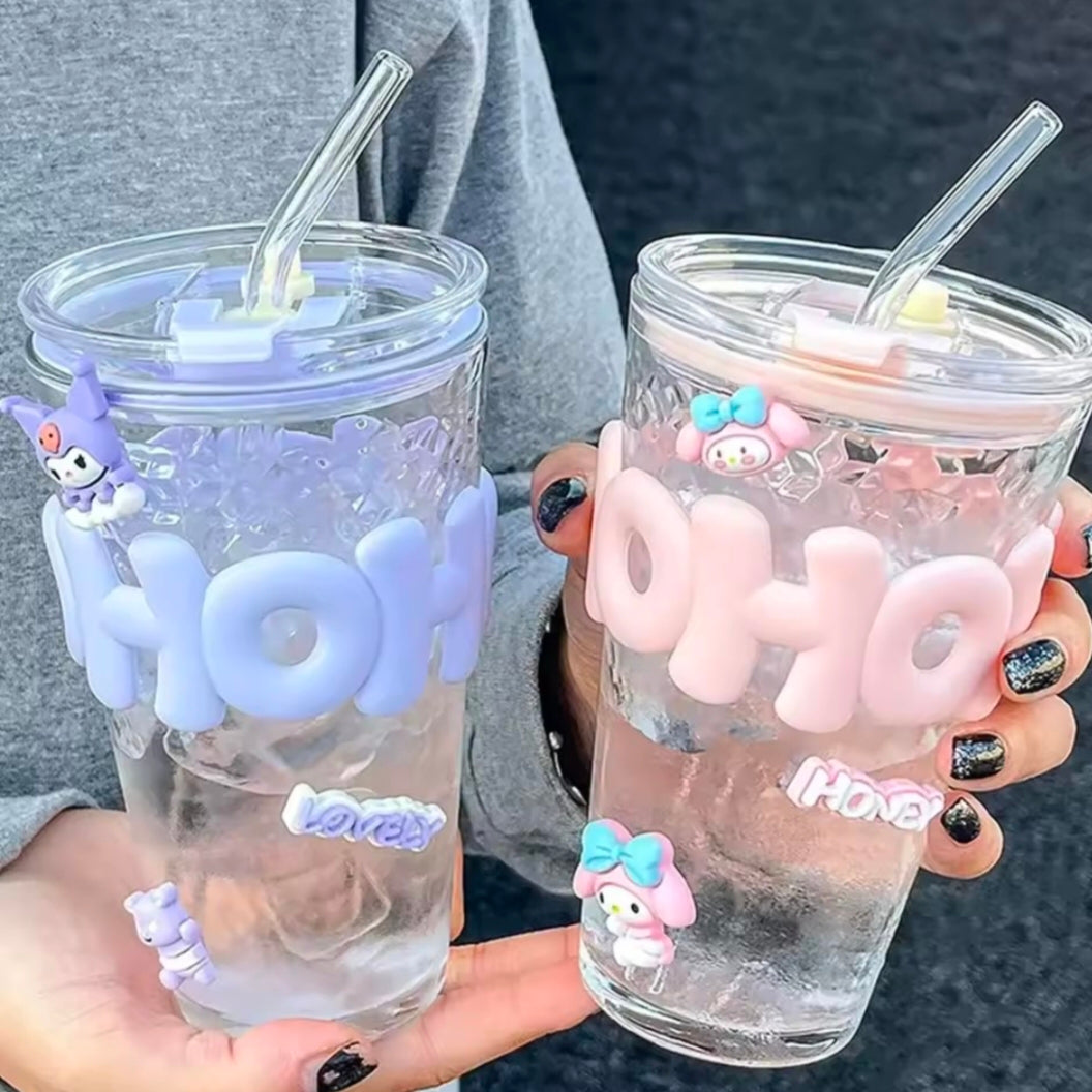 Kawaii Water Bottle For Coffee Juice Tea Cute Tumbler Glass Cup With Straw Lid Portable Reusable Drinking Bottle Straw Water Cup