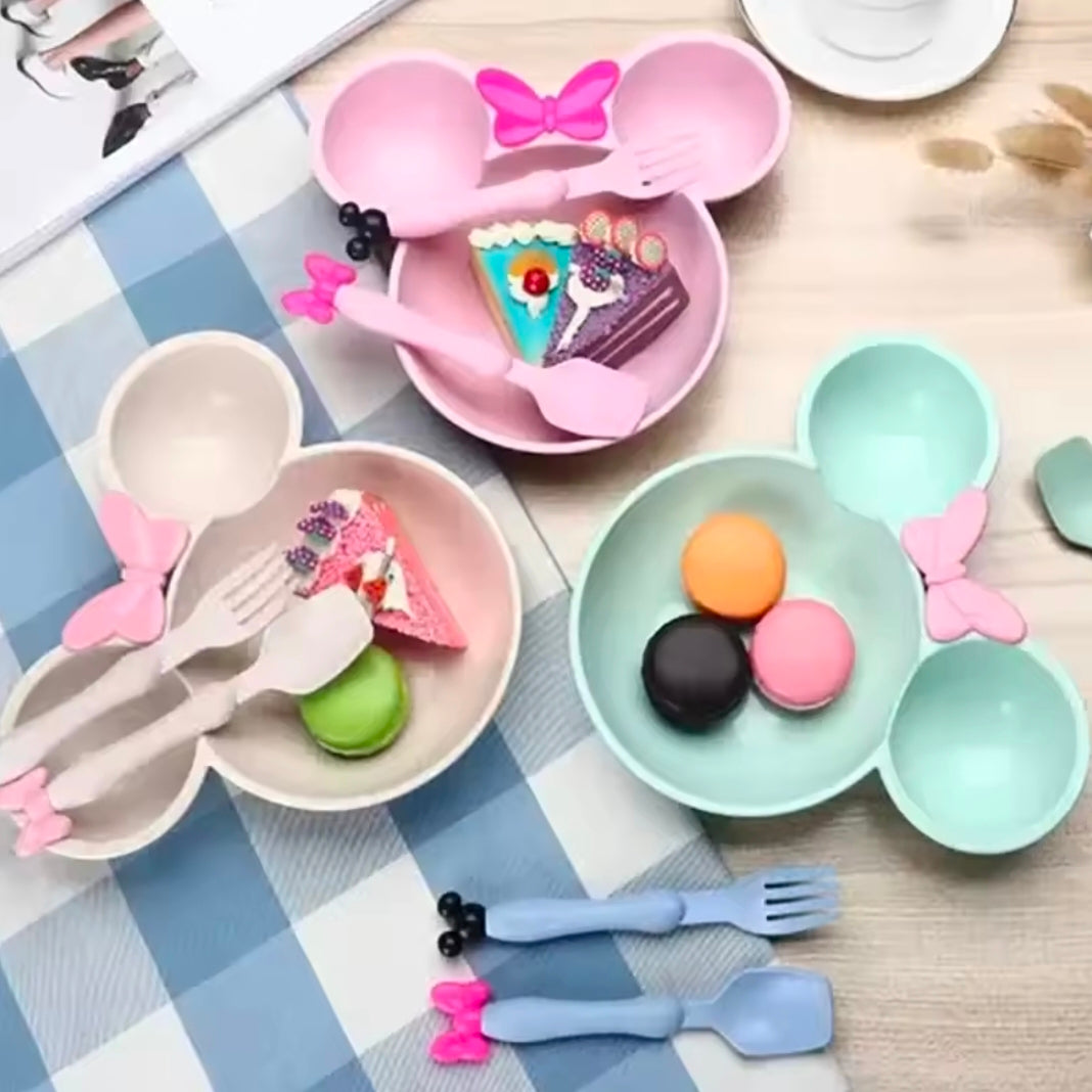 Cartoon Baby Bowl Tableware Set Wheat Straw Children's Dishes Kids Dinner Feeding Plate Bowknot Food Plate Spoon Fork