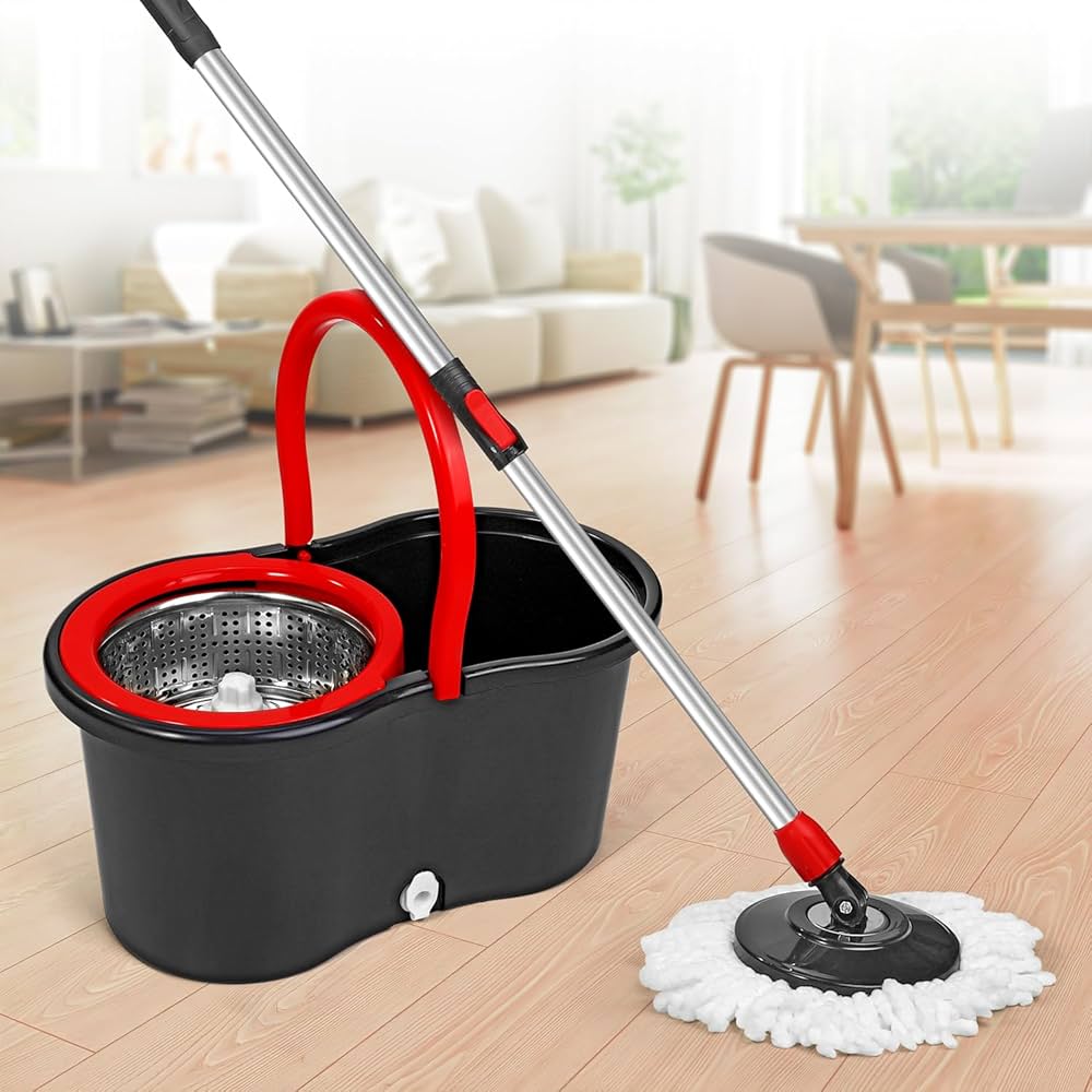 Spinning Mop And Bucket Set Floor Cleaning Wet & Dry Rotating Cleaning Mop with 2 Microfibre Mop Heads Drain and Extendable Handle for Home Office (Spin Mop + Bucket + 2 Mop Heads Set)