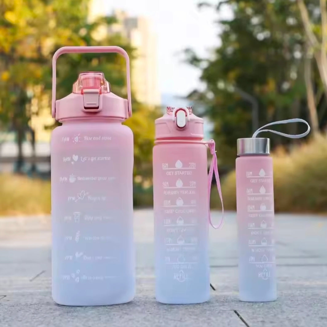 Large Capacity Sports Fitness Water Bottle Portable Outdoor Plastic Straw Cup 3-piece Set Gradient Color Home Living Accessories