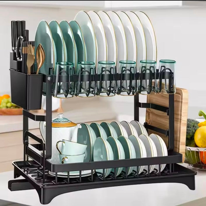 Rust -proof Metal Dish Drainer With Cup Holder Cutlery and Cutting Board Slots -2 Tier Kitchen Countertop Plates Bowls Organizer