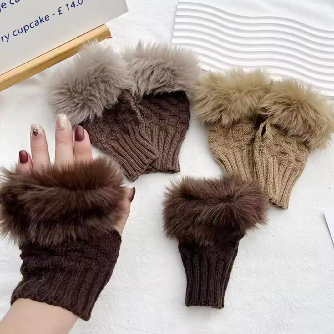 Winter Faux Rabbit Fur Warm Knitted Half Finger Gloves Wrist Hand Warmer Gloves Fingerless Mittens Solid Color Soft Touch Gloves