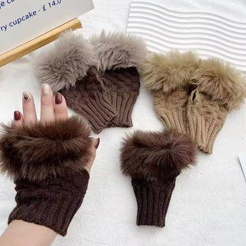 Winter Faux Rabbit Fur Warm Knitted Half Finger Gloves Wrist Hand Warmer Gloves Fingerless Mittens Solid Color Soft Touch Gloves