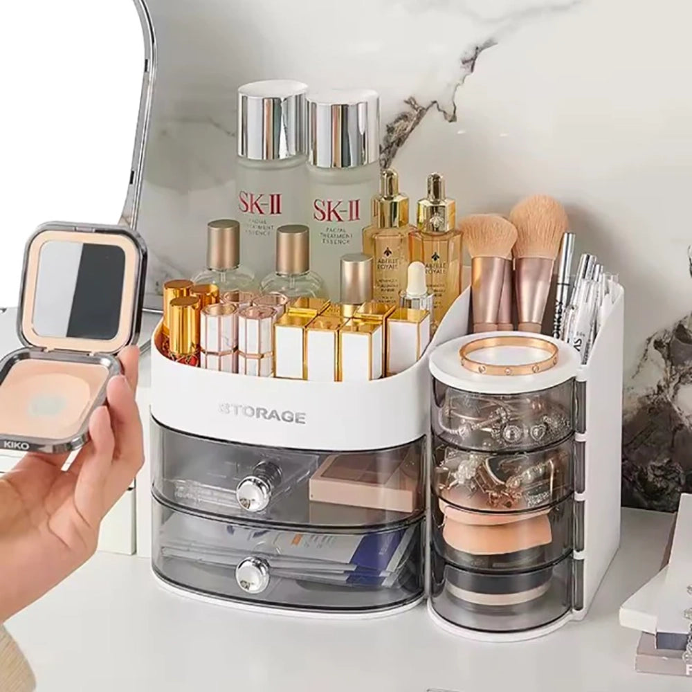 360 Degree Rotating Makeup Brushes Organizer Desk Organizer Cosmetic Storage Box with Drawers Large Capacity Storage Basket