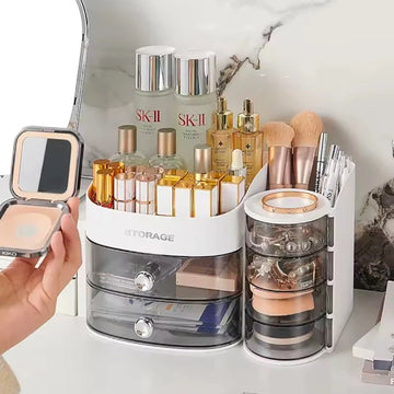 360 Degree Rotating Makeup Brushes Organizer Desk Organizer Cosmetic Storage Box with Drawers Large Capacity Storage Basket