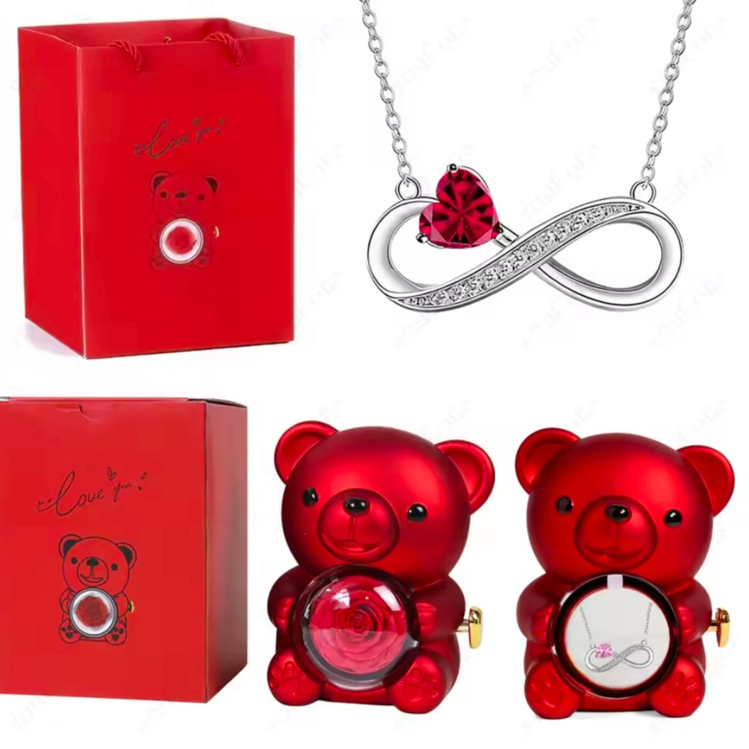 Red Heart Zircon Pendant Necklaces With Cute Bear Rose Gift Box For Women