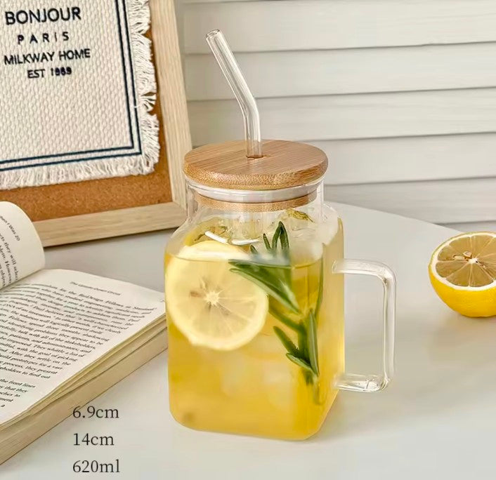Cute Glass Cup With Bamboo Lip Strew for Coffee Water Milk Tea Juice Portable Glass Bottle Girl Large Drinking Bottle Gift 620ml
