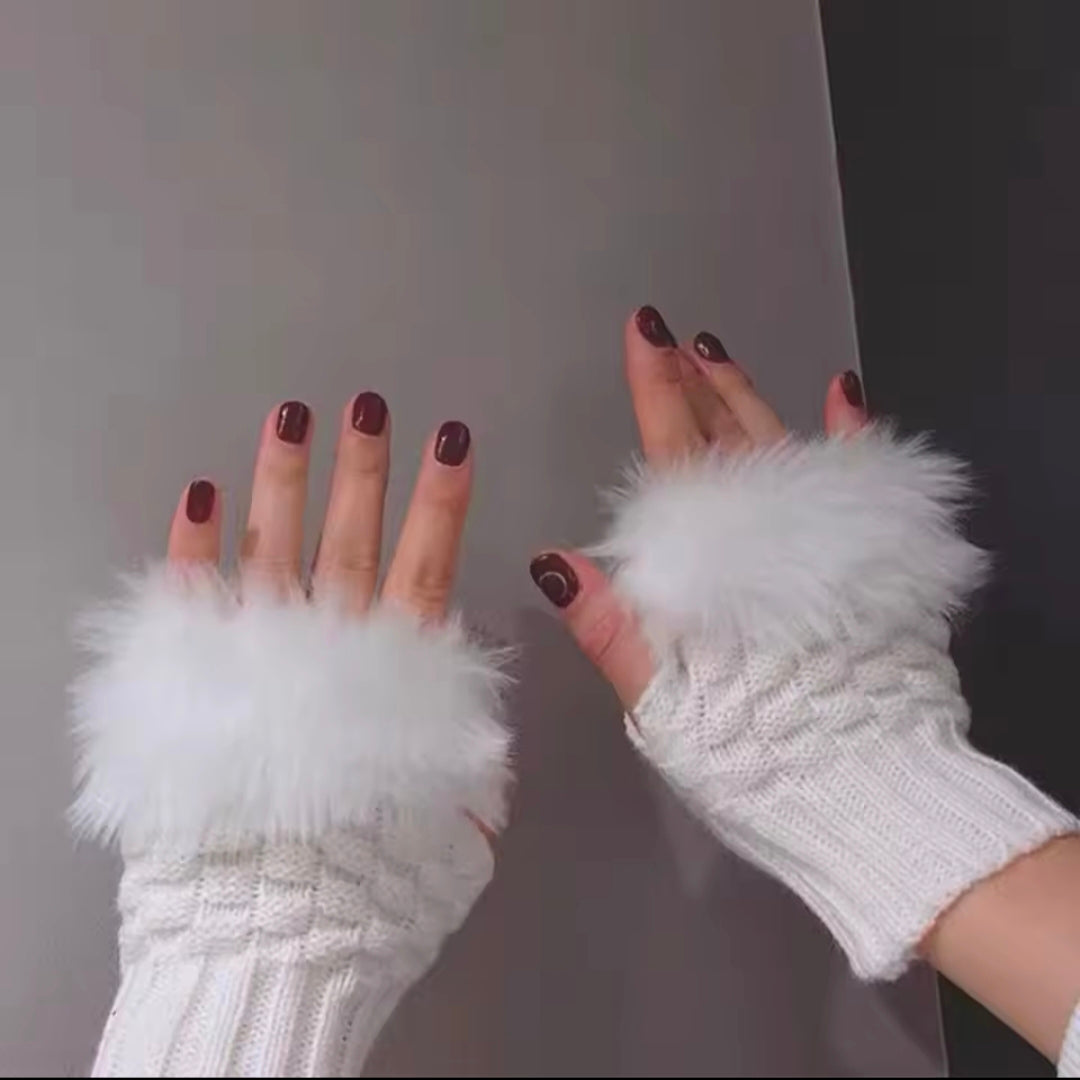 Winter Faux Rabbit Fur Warm Knitted Half Finger Gloves Wrist Hand Warmer Gloves Fingerless Mittens Solid Color Soft Touch Gloves