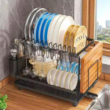 Rust -proof Metal Dish Drainer With Cup Holder Cutlery and Cutting Board Slots -2 Tier Kitchen Countertop Plates Bowls Organizer