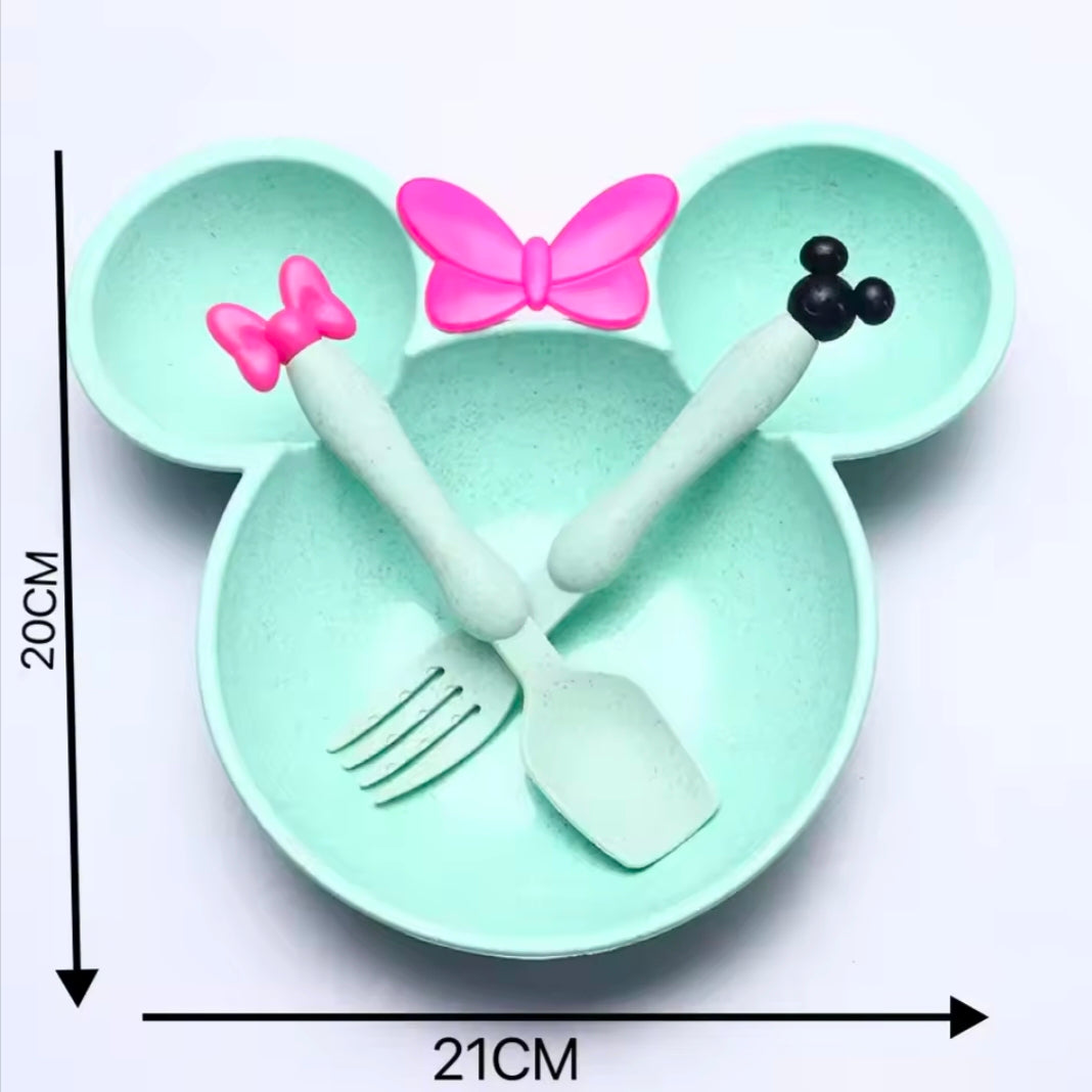 Cartoon Baby Bowl Tableware Set Wheat Straw Children's Dishes Kids Dinner Feeding Plate Bowknot Food Plate Spoon Fork