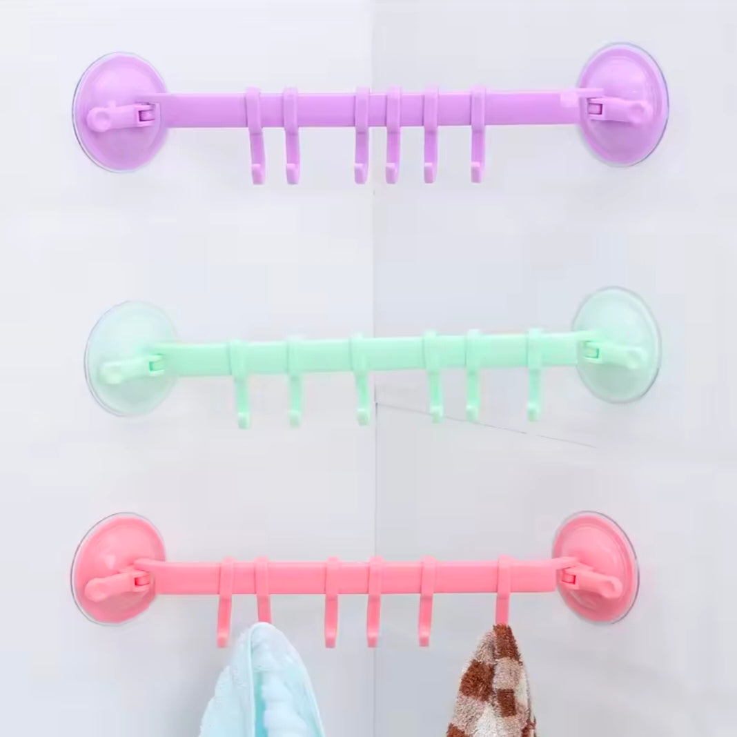 WIKHOSTAR 6 Hooks Towel Rack Suction Cup Hooks Bathroom Organizer Wall-mounted Storage Shelf Kitchen Towel Hanger Rack