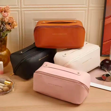 Retro Fashionable Elegant PU Cosmetic Bag Waterproof Travel Handheld Toiletry Bag Simple Solid Color Design Makeup Organizer