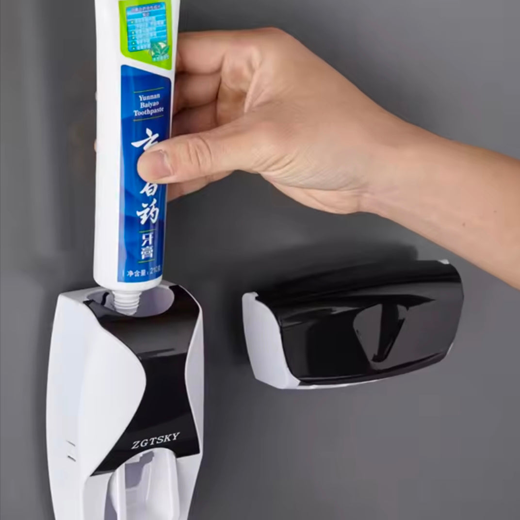 2PCS Automatic Toothpaste Dispenser Wall Mount Dust-proof Toothbrush Holder Wall Mount Bathroom Accessories Set Squeezer