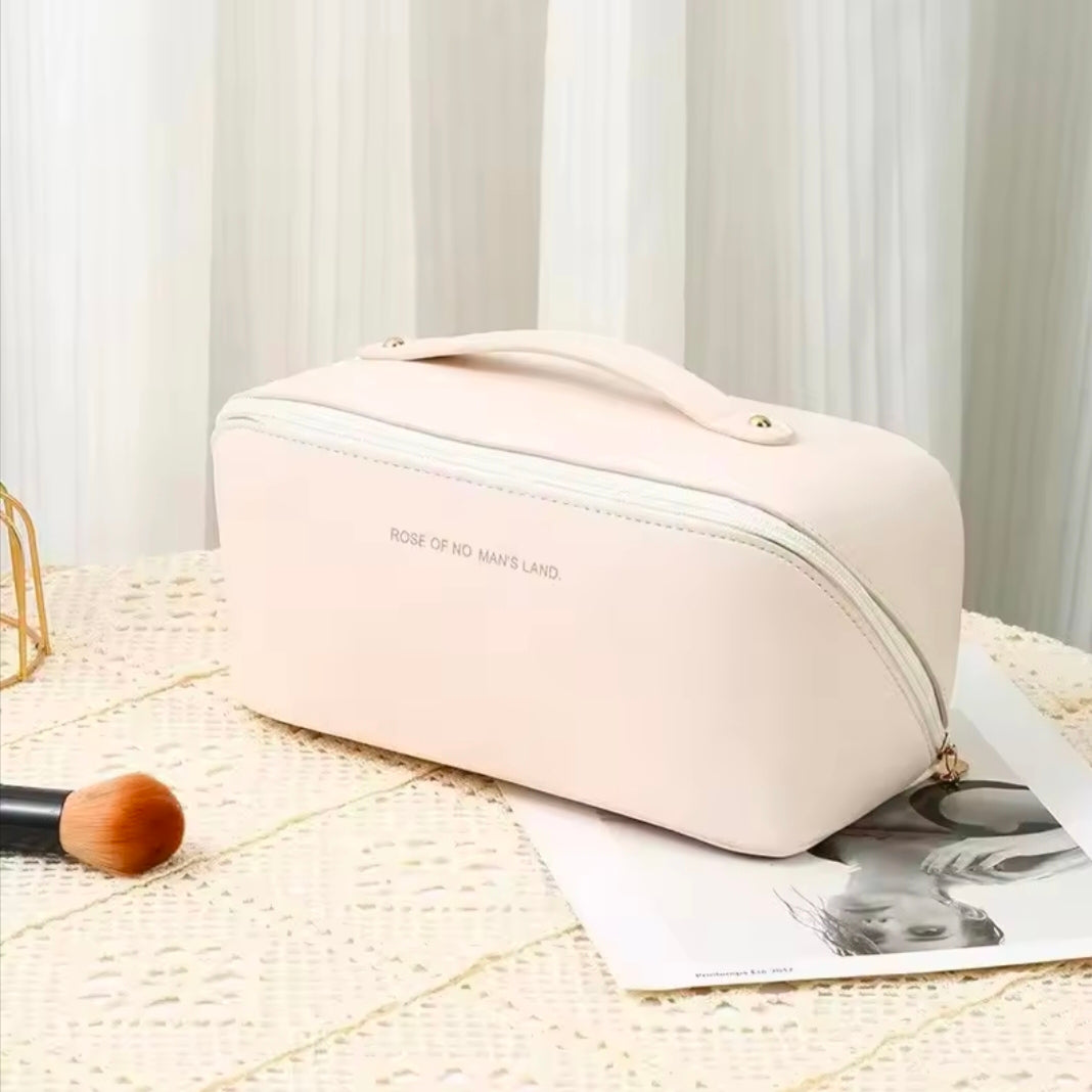 Retro Fashionable Elegant PU Cosmetic Bag Waterproof Travel Handheld Toiletry Bag Simple Solid Color Design Makeup Organizer