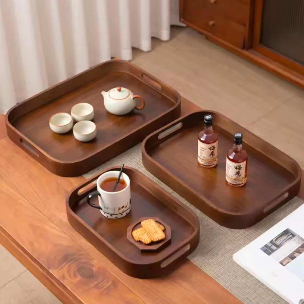 Multipurpose Round Rectangular Bamboo Wooden Serving Tray Household Tea Coffee Trays Kitchen Storage Tray for Breakfast Food