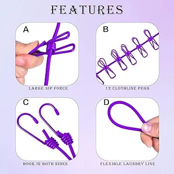 Camping Clothesline with 12 Hanging Clips