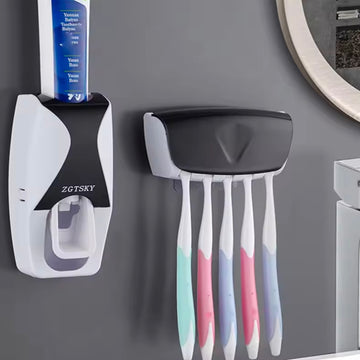 2PCS Automatic Toothpaste Dispenser Wall Mount Dust-proof Toothbrush Holder Wall Mount Bathroom Accessories Set Squeezer