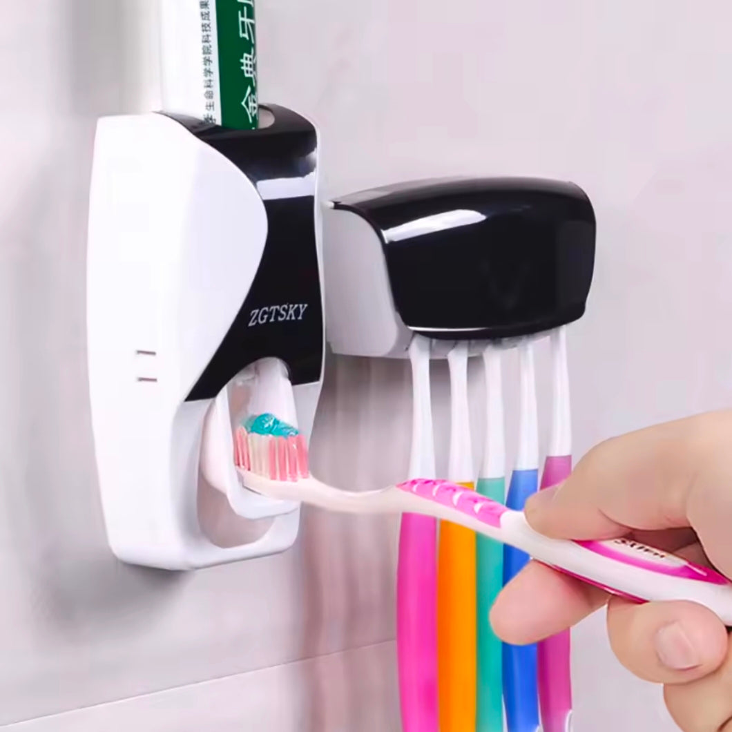 2PCS Automatic Toothpaste Dispenser Wall Mount Dust-proof Toothbrush Holder Wall Mount Bathroom Accessories Set Squeezer