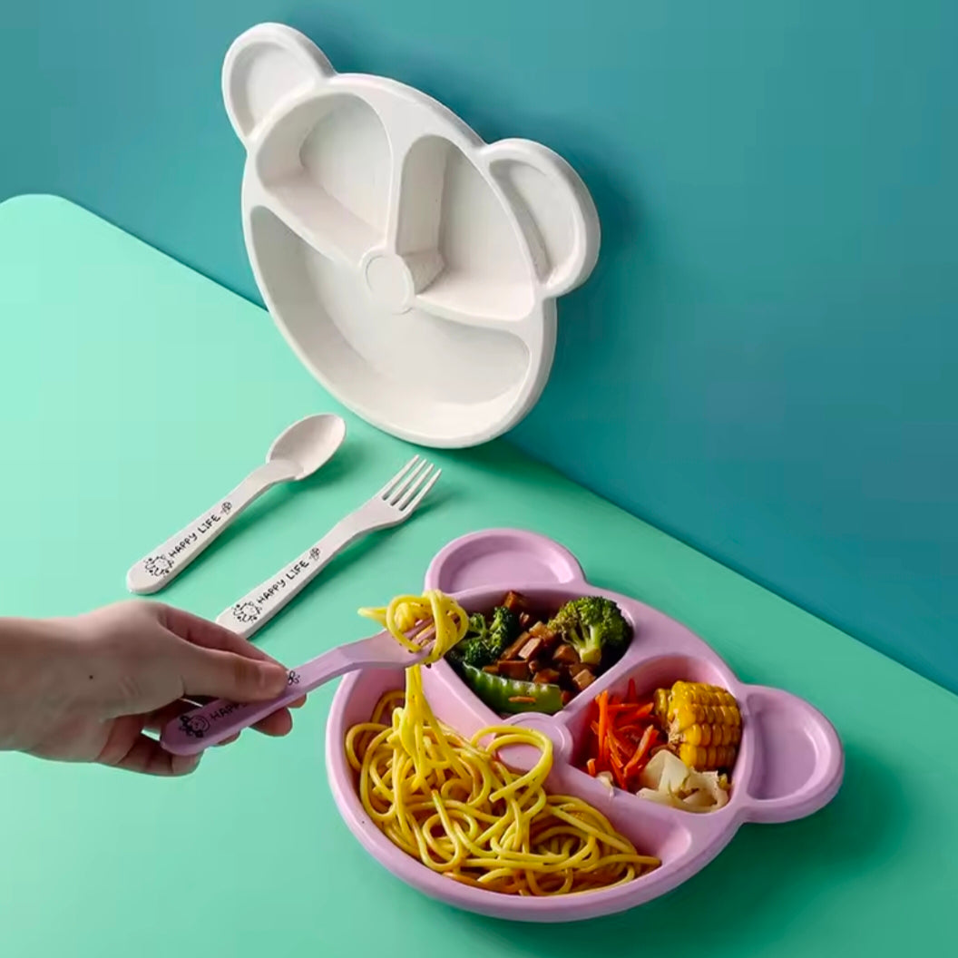 Cute bear compartment dinner plate, environmentally friendly wheat straw material, safe and anti-fall, with spoon and fork