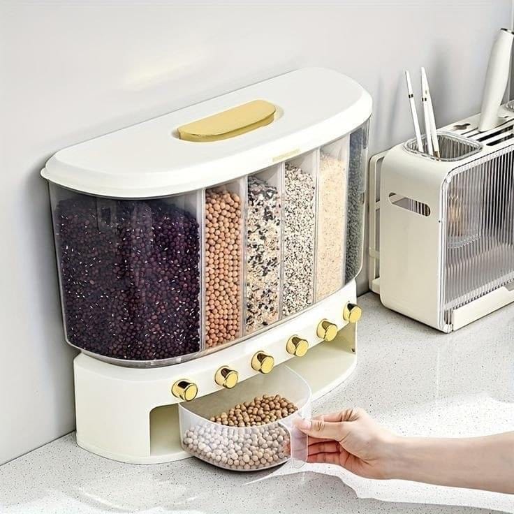 Sealed Rice Storage Box 10L 6 Grid Cereal Grain Container Dry Food Dispenser Grain Storage Jar Bucket Home Kitchen Storage Tools