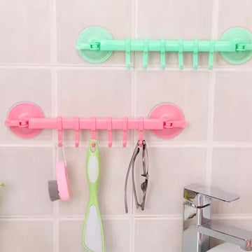 WIKHOSTAR 6 Hooks Towel Rack Suction Cup Hooks Bathroom Organizer Wall-mounted Storage Shelf Kitchen Towel Hanger Rack