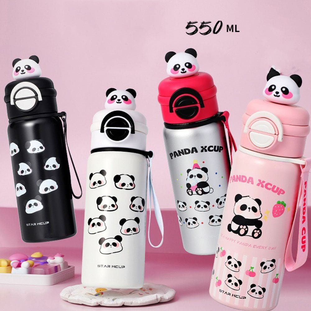 Set of panda-themed water bottles with different designs on a pink background
