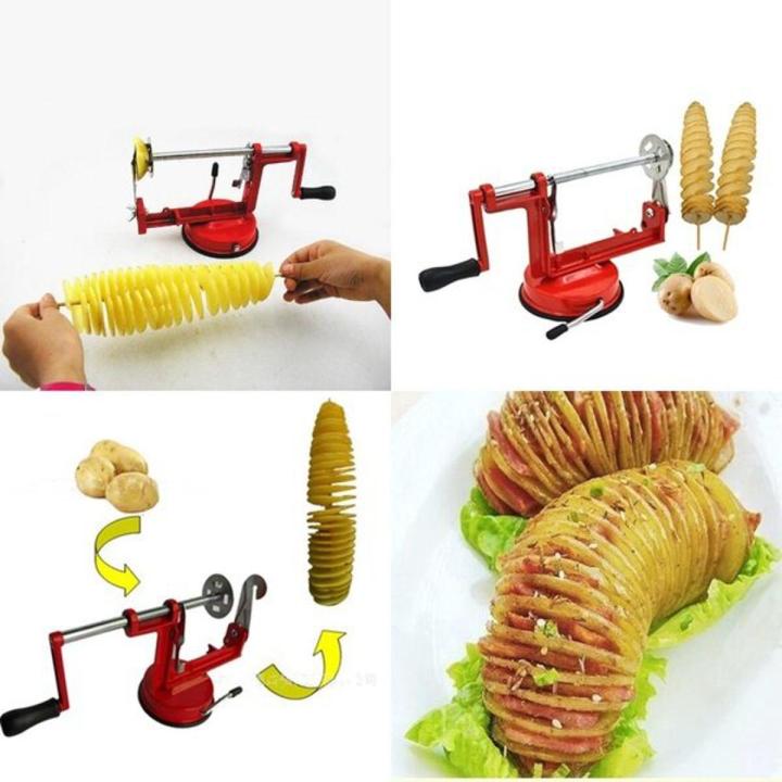 Collage of potato peeler with spiralized potatoes and finished dish.