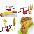 Collage of potato peeler with spiralized potatoes and finished dish.