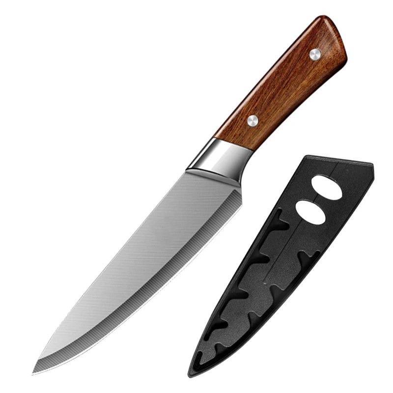 Knife with wooden handle and black sheath on a white background