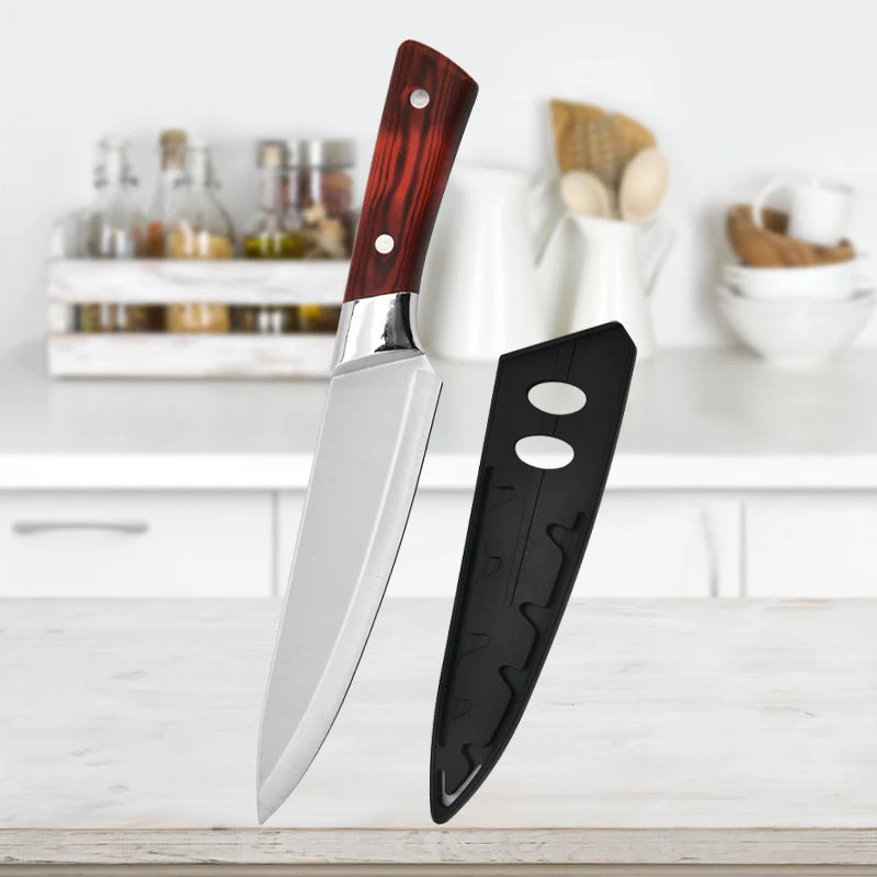 Chef's knife with a wooden handle and black sheath on a kitchen counter.