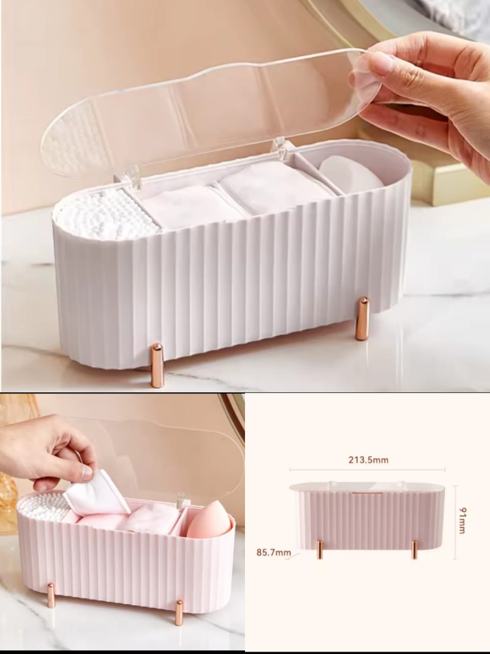 Rectangular tissue box with a lid, held open by a hand, on a light background.