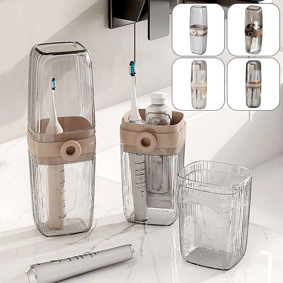 Clear water bottle with beige accents on a marble surface, surrounded by smaller images of the product.