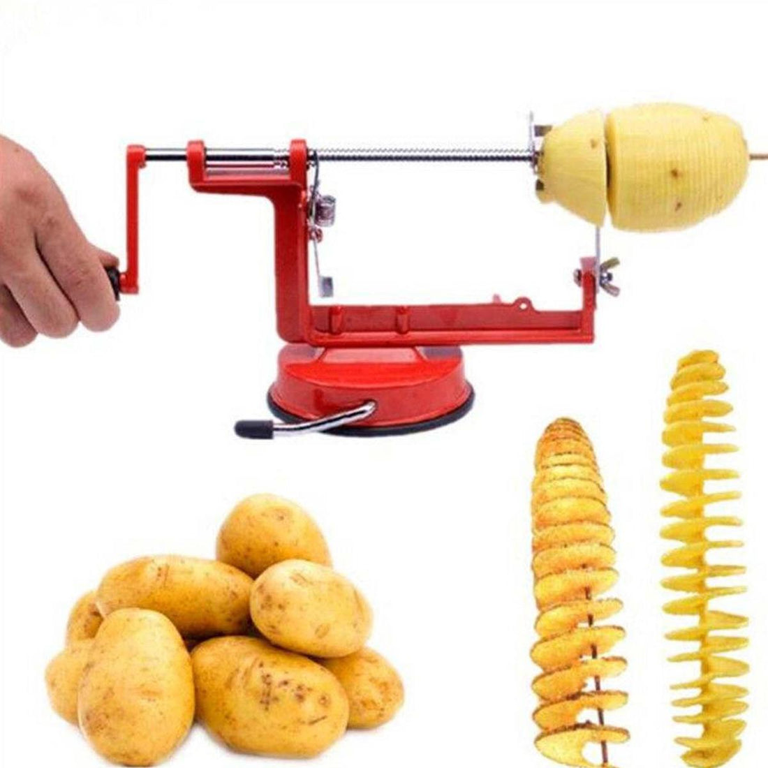 Collage of potato peeler with spiralized potatoes and finished dish.