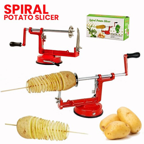 Red spiral potato slicer with potatoes and packaging on a white background